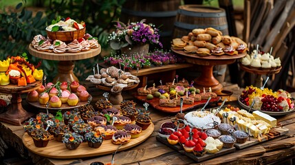 A variety of delectable snacks sweets desserts and decorations are arranged on the table
