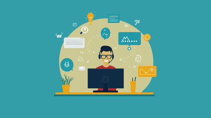 Fototapeta premium Modern Online Support Desk Illustration - Customer Service and Communication Concept with Icons for Contact Us and Help Desk Service