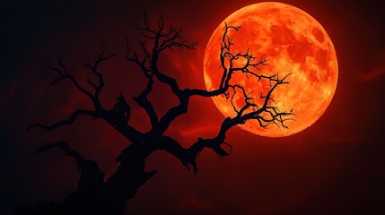Fototapeta premium Eerie Red Moon Over Silhouetted Tree