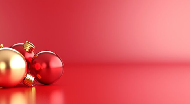 Christmas card with golden and red ornaments on red background with copy space. Merry Christmas. Winter holiday. Xmas card. - Powered by Adobe