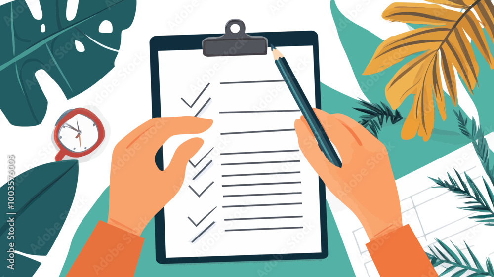 Poster top view hands checking to do list on clipboard among plants - conceptual image for task management,
