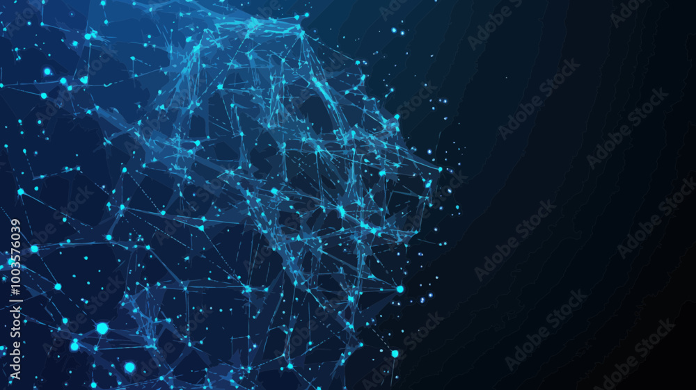 Poster futuristic ai connectivity network with low poly mesh and blue particle lines, big data analysis, ar