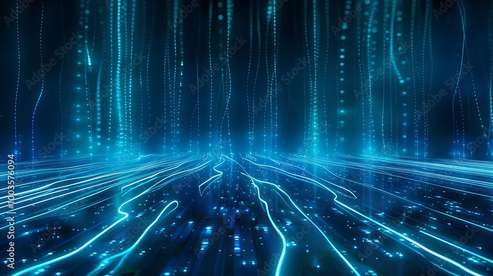Poster abstract digital landscape with glowing lines and data streams on a dark background.