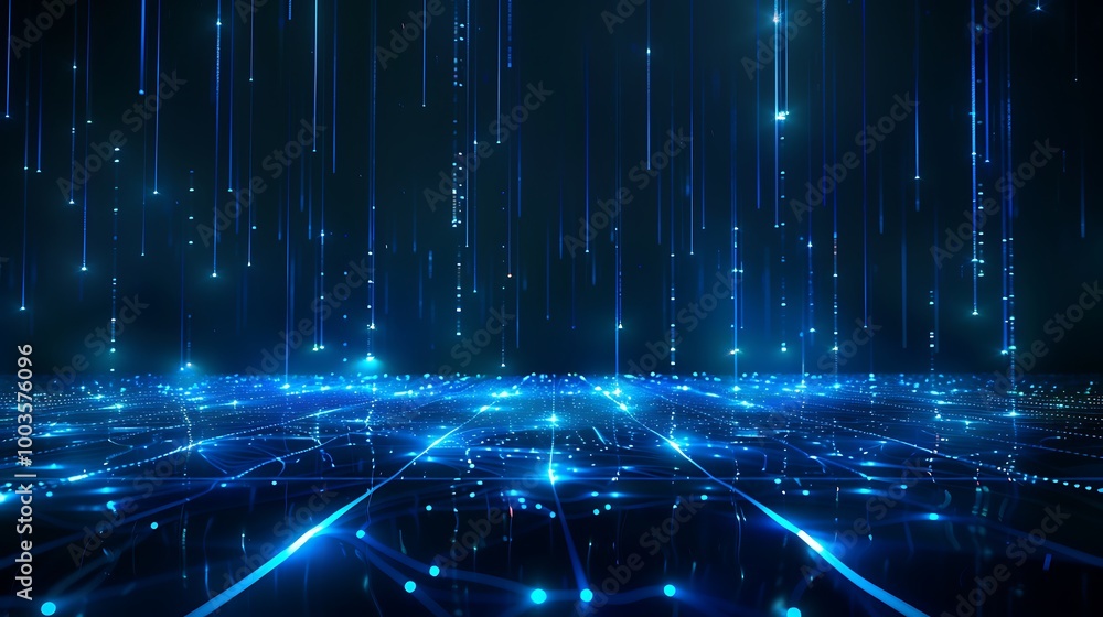 Poster abstract digital landscape with glowing blue lines and dots creating a virtual environment.