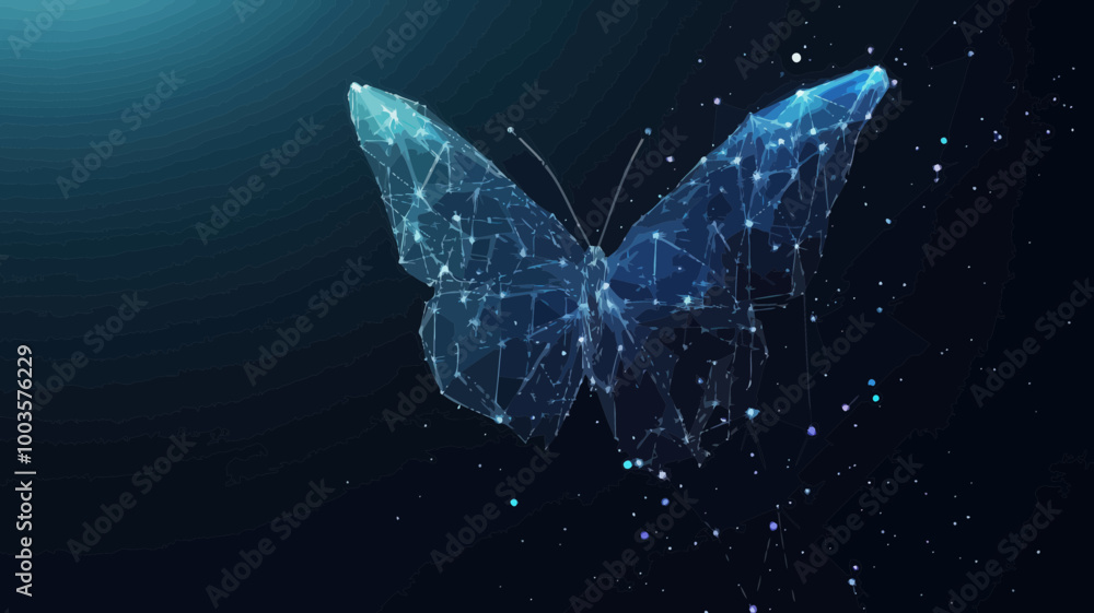 Poster low poly butterfly in starry sky: abstract digitally composed vector with polygonal wireframe and te