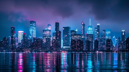 Fototapeta premium Cityscape at night, with tall skyscrapers reflecting in the calm waters. The vibrant neon lights create a captivating and futuristic atmosphere.