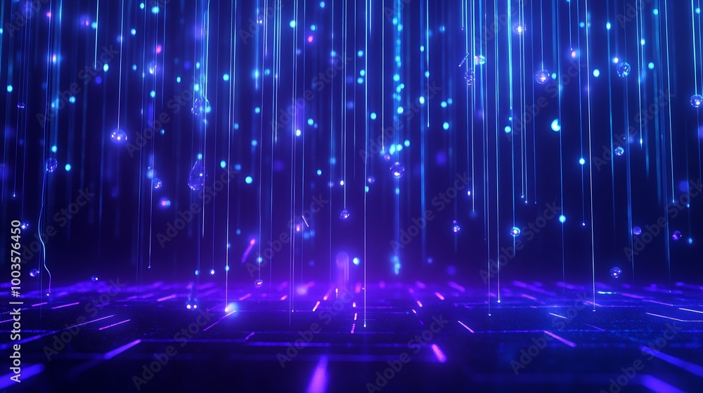 Poster abstract futuristic background with glowing blue and purple lines and particles, creating a digital 