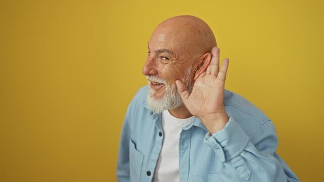 Senior man, bald and wearing denim shirt, standing over isolated yellow background, listening to gossip with hand over ear, facing deafness rumor