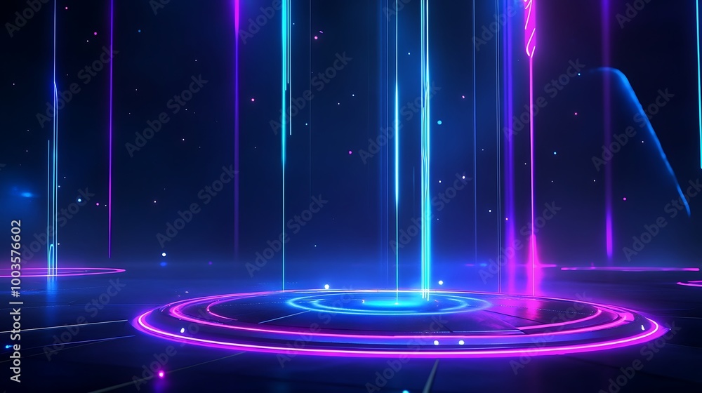 Poster abstract futuristic background with vibrant neon lines and glowing circles on a dark backdrop.
