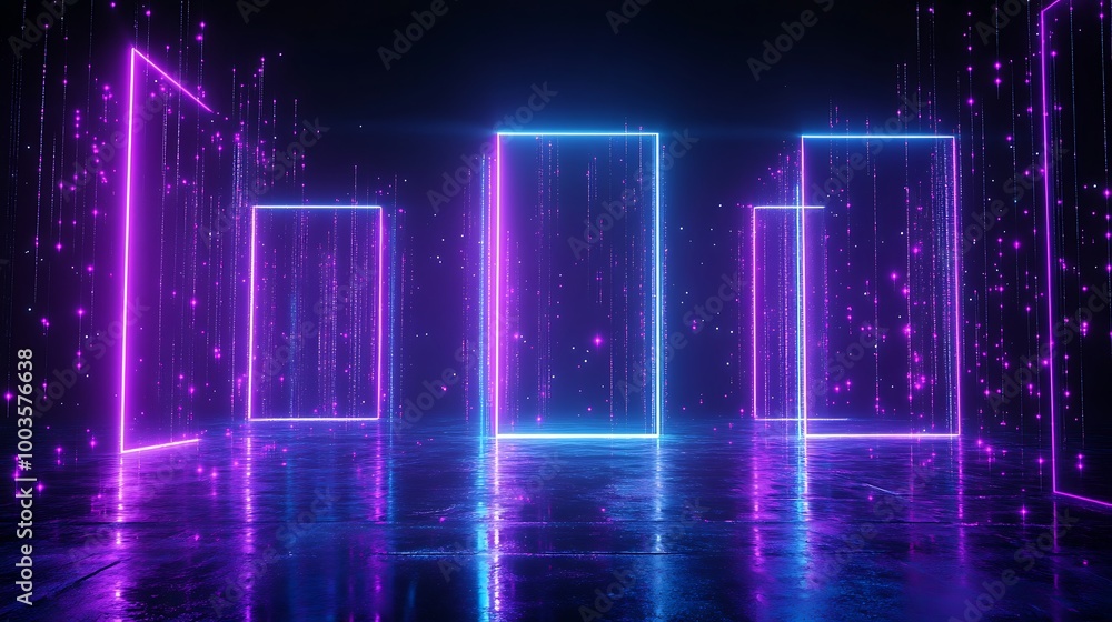 Poster abstract futuristic digital environment with vibrant neon glowing rectangles and particles.