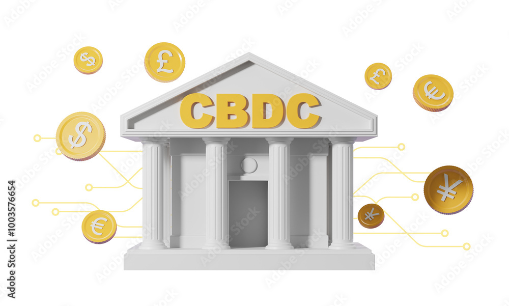 Poster cbdc concept with a bank building and various currency coins in a 3d rendering, on a white backgroun