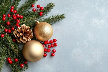 A bright Christmas frame with red and gold Christmas decorations on a white background. There is copy space for text. Holiday season, New Year.