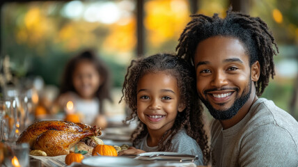 Happy African American family at festive table with turkey celebrating Thanksgiving, autumn holiday, lunch, dinner, dish, meal, decor, fall, october, november, halloween, celebration, man, children