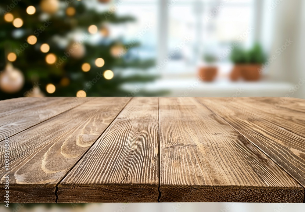 Poster a background of a christmas tree and an empty wood table top makes this an ideal product montage bac