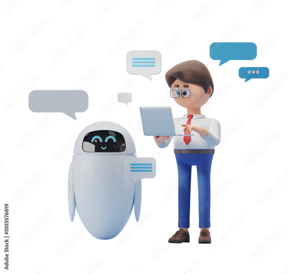 Poster man using laptop next to friendly robot with speech bubbles, isolated on white background. 3d render
