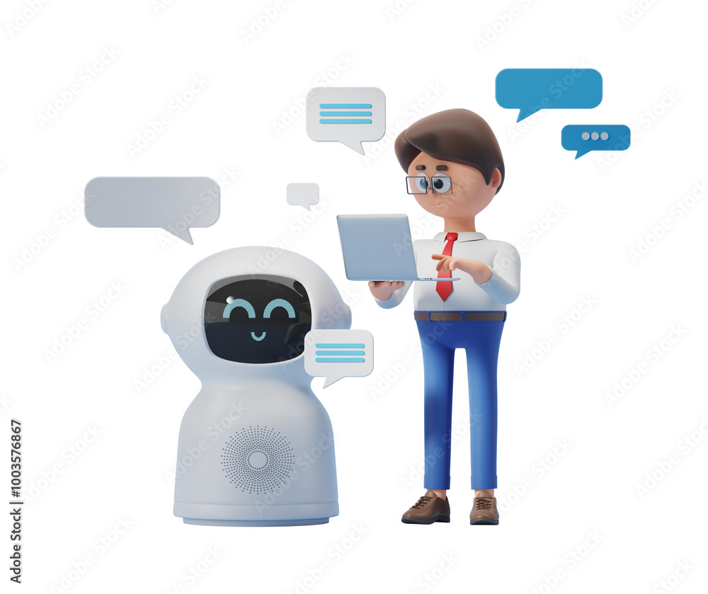 Poster businessman using laptop with a friendly robot on white background. 3d rendering