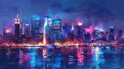 Obraz premium Vibrant cityscape at night with colorful reflections in the water.