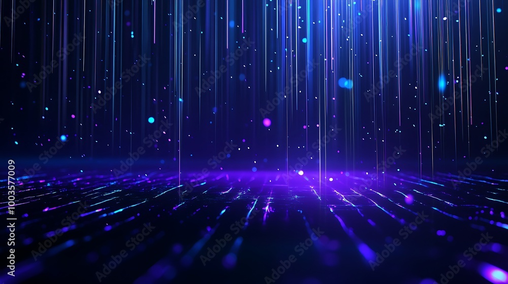 Poster abstract light streaks and particle effects on a dark background, evoking a sense of depth and motio