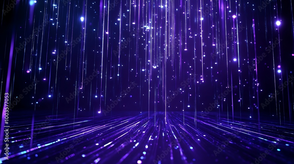 Poster abstract light trails and sparkles creating a mesmerizing, futuristic background with a purple hue.