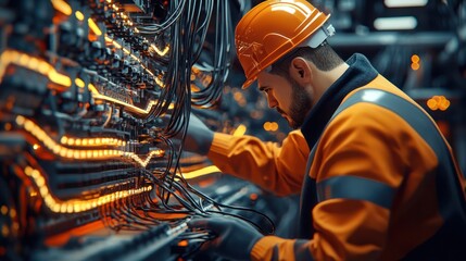 electrician and engineer work on an electrical circuit with many cables for communication and data transfer