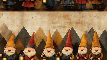 A vintage gnome pattern with gnomes in old-fashioned clothing, holding lanterns, arranged in geometric patterns, soft earthy tones and faded colors for a retro 1950s vibe, whimsical and playful.