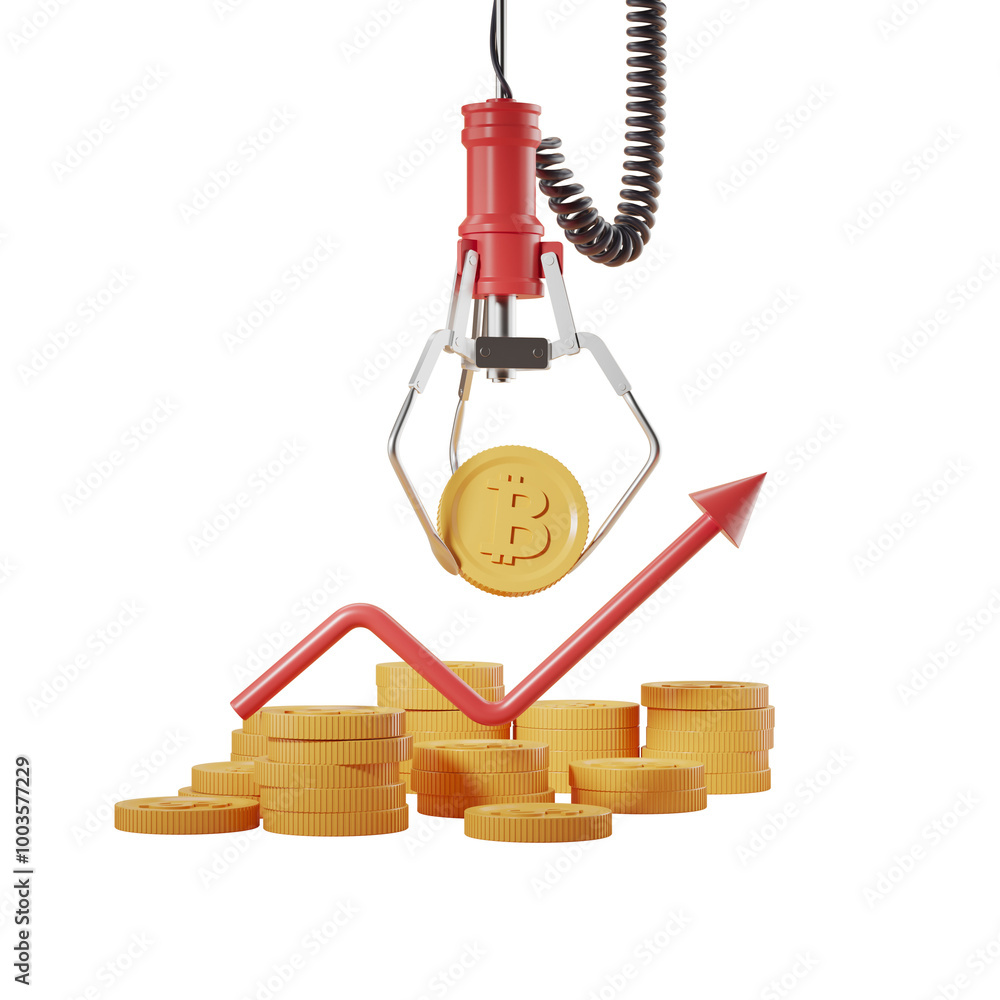 Poster claw machine grabbing a bitcoin with stacks of coins and an upward arrow on a white background. conc