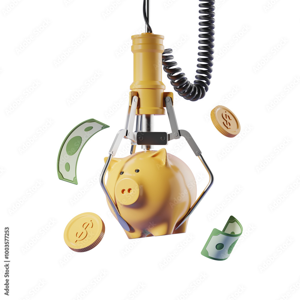 Poster piggy bank held by a claw machine surrounded by floating coins and bills on a white background. conc
