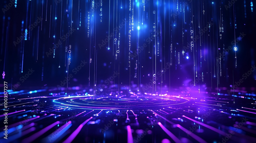 Poster abstract neon light patterns with vibrant colors creating a futuristic atmosphere.