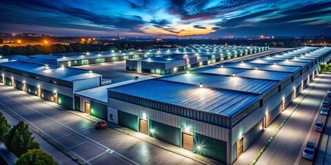 Nighttime View of Closed Storage Warehouses and Garages with Generative AI Visualization Effects