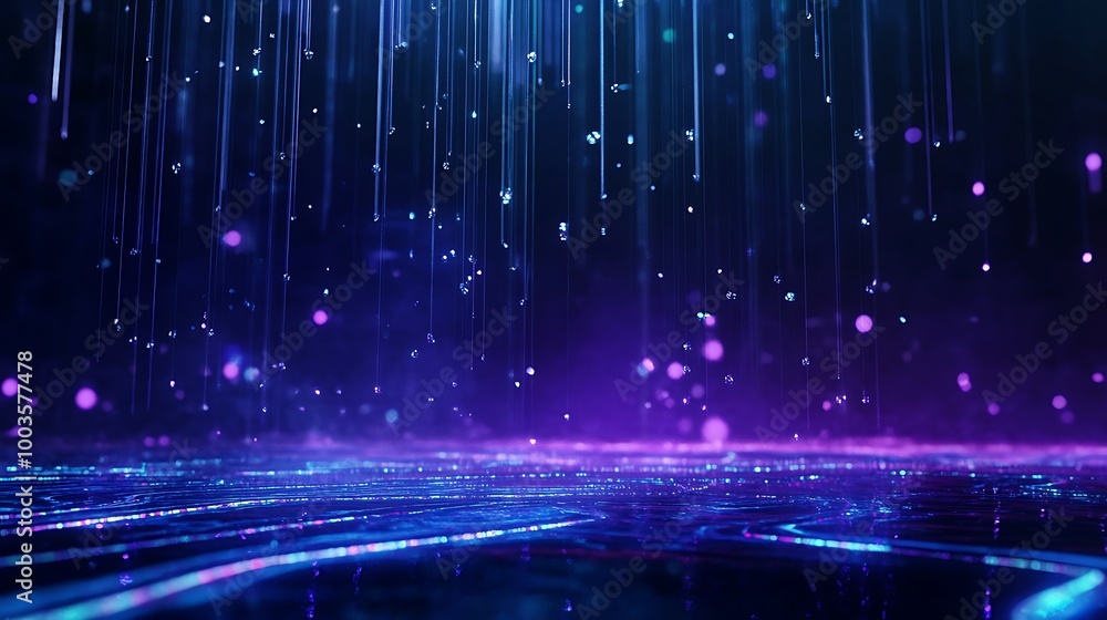 Poster abstract neon lights creating a digital landscape with glowing particles and lines.