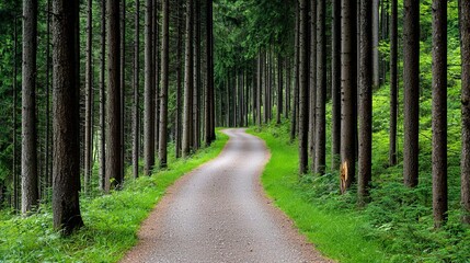 Fototapeta premium Sunlight streaming through tall trees onto a winding forest trail surrounded by vibrant