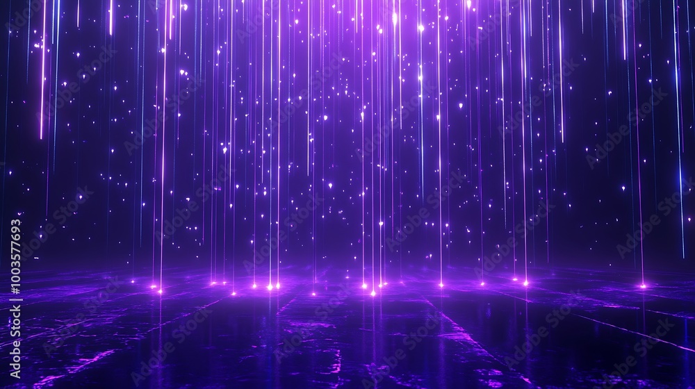 Poster abstract purple light beams cascading in a digital space, creating a mesmerizing futuristic atmosphe