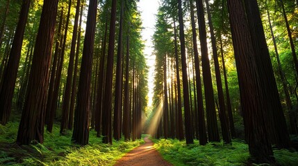 Obraz premium Sunlight streaming through tall trees onto a winding forest trail surrounded by vibrant