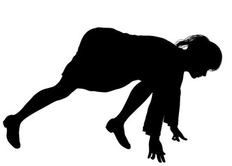 クラウチングスタート ビジネスウーマン女性がスーツでスタートするシルエット 全身右向きのイラスト