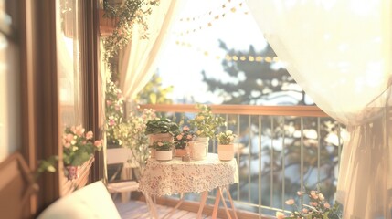 Fototapeta premium A balcony with a table with potted plants on it