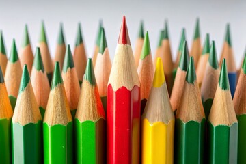 Fototapeta premium One Red Pencil Standing Out Among Yellow and Green Pencils on White Background in Creative Concept