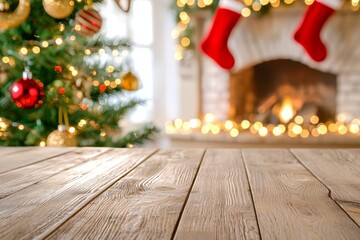 The glow of the fireplace illuminates a wooden table decorated with Christmas attributes