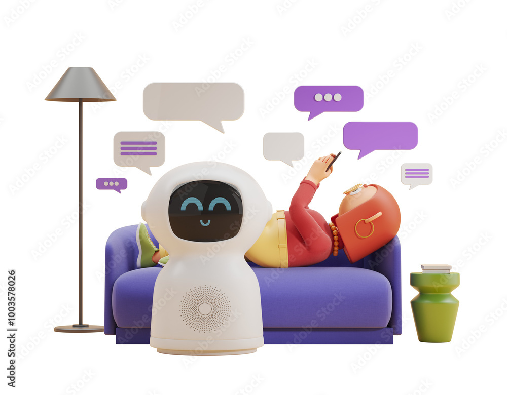 Poster robot and person on a couch with chat bubbles. 3d rendering on white background. concept of communic