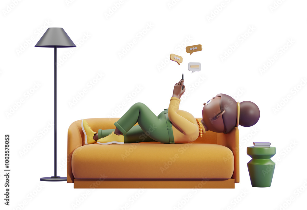 Poster Cartoon person lying on an orange sofa using a smartphone. 3D rendering style. Isolated on a white background. Concept of communication. 3D Rendering