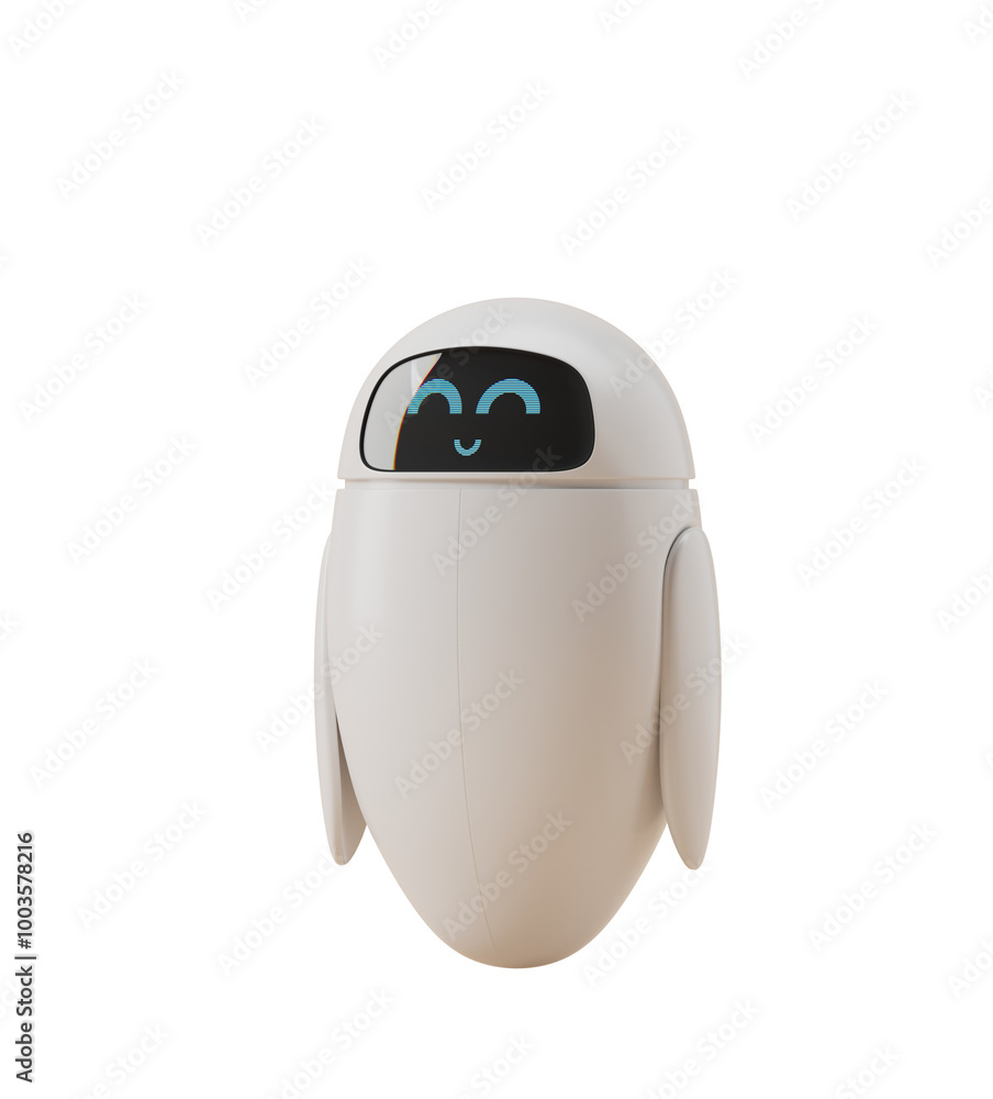 Poster cute white robot with a smiling face, isolated on white background. 3d rendering. concept of friendl