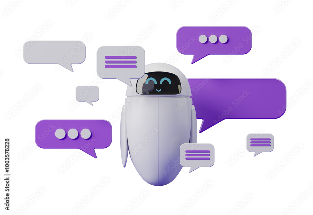 Poster chatbot surrounded by purple and grey speech bubbles on a white background. concept of ai communicat