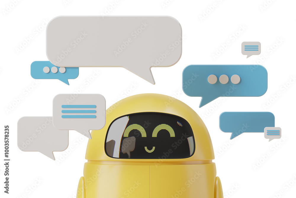 Poster yellow robot surrounded by various speech bubbles, isolated on a white background. 3d rendering