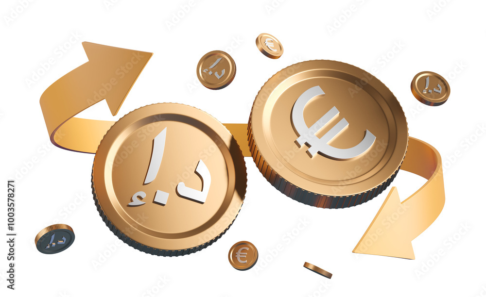 Poster gold coins with currency symbols and arrows, isolated on a white background. concept of currency exc