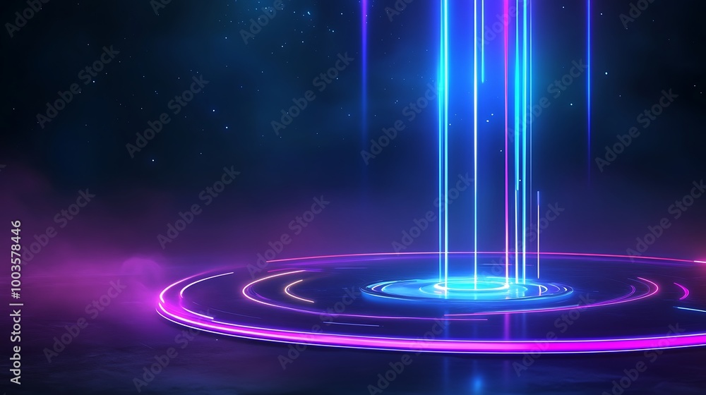 Poster colorful light beams emerging from a central point in a cosmic atmosphere, creating a futuristic and