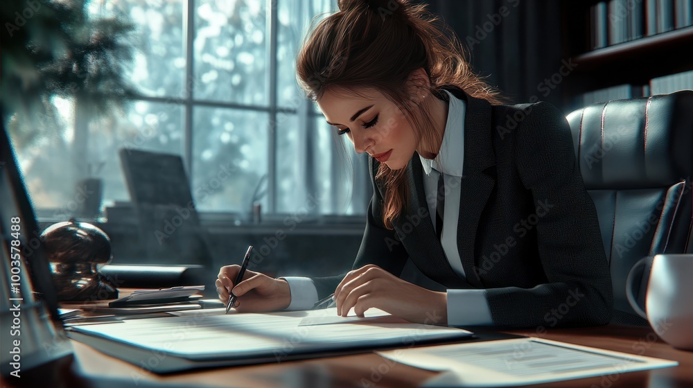 Wall mural female executive signing a business contract in a lawyer's office.