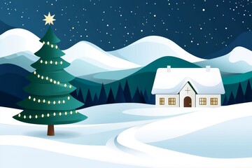 A winter festive landscape featuring a village and Christmas trees. Raster illustration.