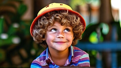 Niño rubio en un jardín de juegos infantiles. Sonrisa y mirada pícaras. Representa la infancia y el aprendizaje lúdico. 