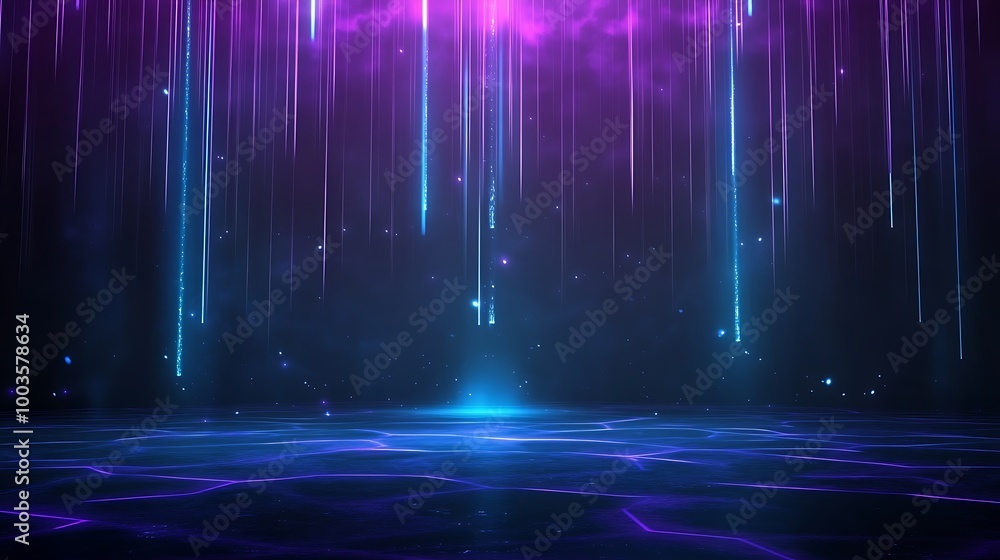 Poster colorful light beams cascading in a dark space, creating a futuristic and vibrant atmosphere.