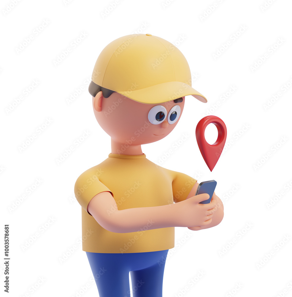 Poster cartoon character in yellow cap and shirt using a mobile phone with a red location pin, isolated on 