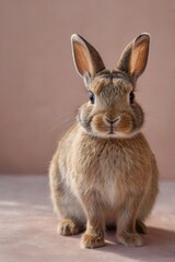 Fototapeta premium Adorable bunny rabbit with light brown fur sitting calmly, ears upright, expressive eyes